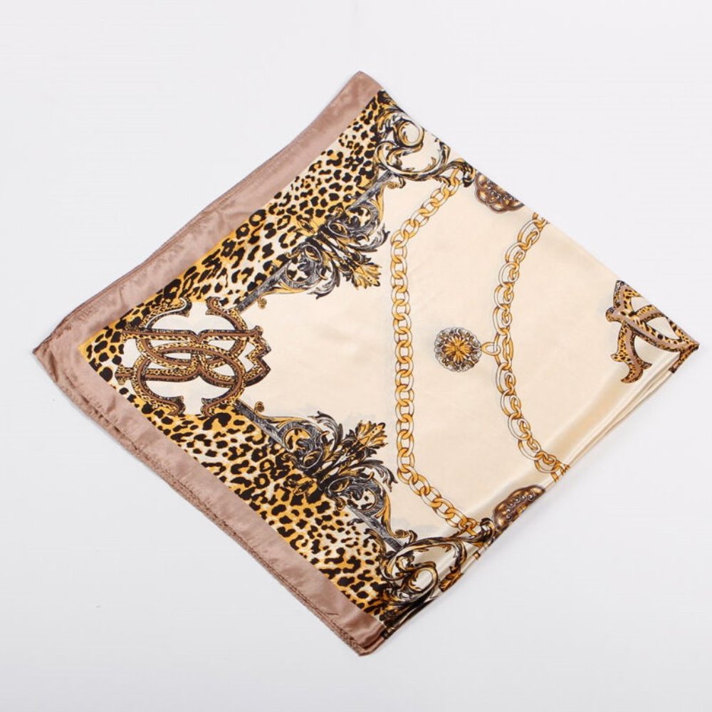❤️5/$15💚 Animal Print and Chains Cream Tan Gold Satin Square Scarf Hair Tie - Picture 3 of 4